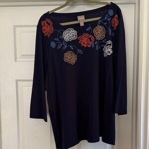 Chico's Dark Blue Top with Red and White Floral Embroidery